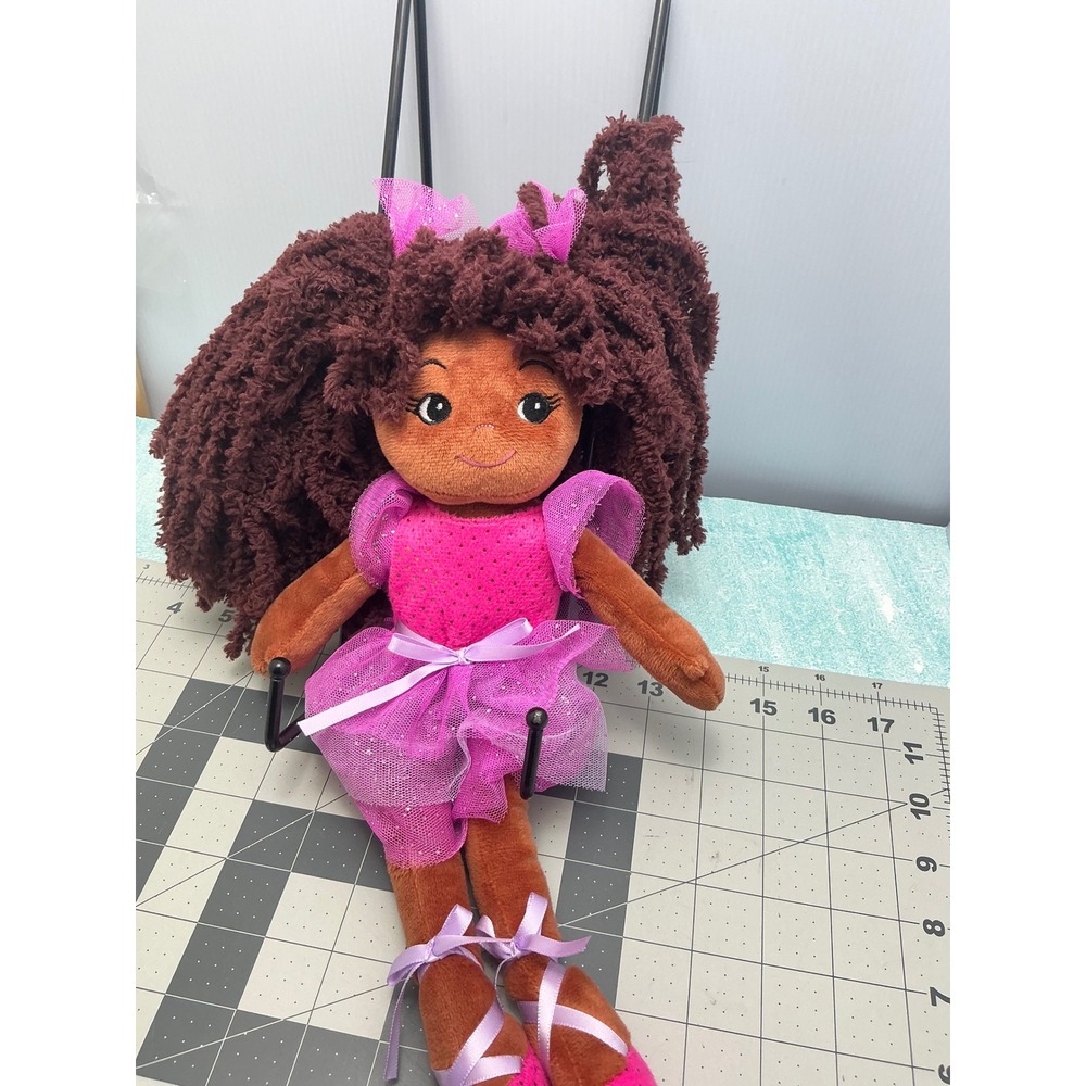 Plush Ballerina Doll Pink Purple Tutu Brown Yarn Hair Sequin Sparkle 17 Inch